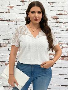 SHEIN Clasi Plus Size Summer Solid Color Contrast Lace Hollow Out Embroidery T-Shirt - White - View 5