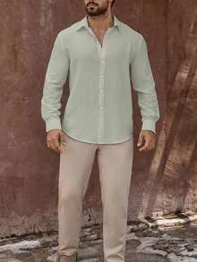 Manfinity Homme Men's Mature Vacation Linen Blend Long Sleeve Shirt Men Textured Shirt - Light Grey - View 4