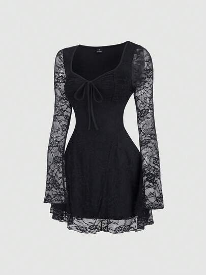 Sweetra Robe polyvalente de navetteur avec encolure carrée sexy, manches évasées plissées, style Y2K