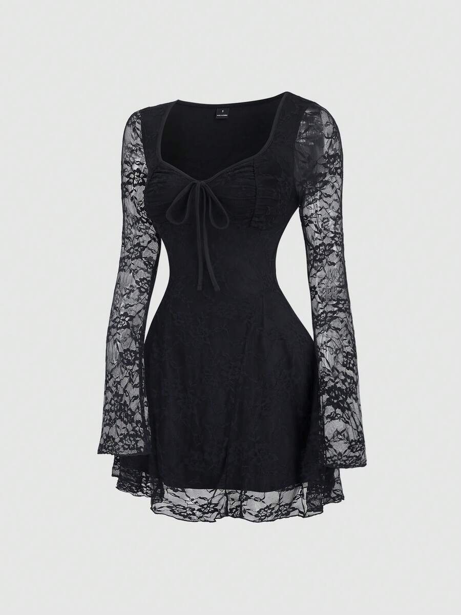 Sweetra Vestido versátil para ir al trabajo con cuello cuadrado sexy, mangas acampanadas y plisadas, estilo Y2K - Negro - Ver 1