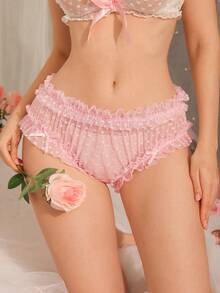 Lightweight Lace Trim Heart Pattern Ruffle Bow Sheer Panties, Delicate & Elegant, For Women - Pink - View 4