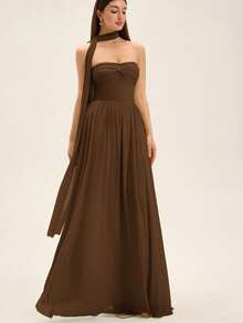 EMERY ROSE Twist Decor Bandeau Long Flowy Mesh Dress - Coffee - View 4
