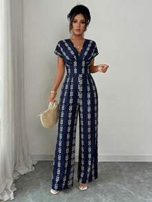 Elenzga 女士藏蓝色印花高端设计V领收腰连体裤，带肩袖，优雅精致，适合情人节、复活节、派对、正式场合、会议、旅行、休闲街头风、春夏穿着。 - 藏蓝色 - 查看 7