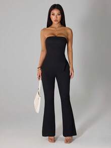 SHEIN PETITE Women's Solid Color Bandeau Top With Slit Design And Flare Pants, Fashionable Outfit For Daily Commute And Outings - Black - View 5