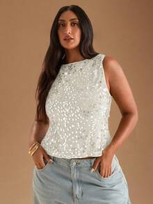 SHEIN BAE Damen Plus Sexy Rückenfreies Trägertop mit Ausschnitten, einfarbig grün, Mode für Strandurlaub, Feiertage, Frühjahrsferien, Musikfestival, Party, Konzert, Frühherbst, Halloween, Pailletten, Party, Sexy, Elegant - Weiss - Übersicht 4