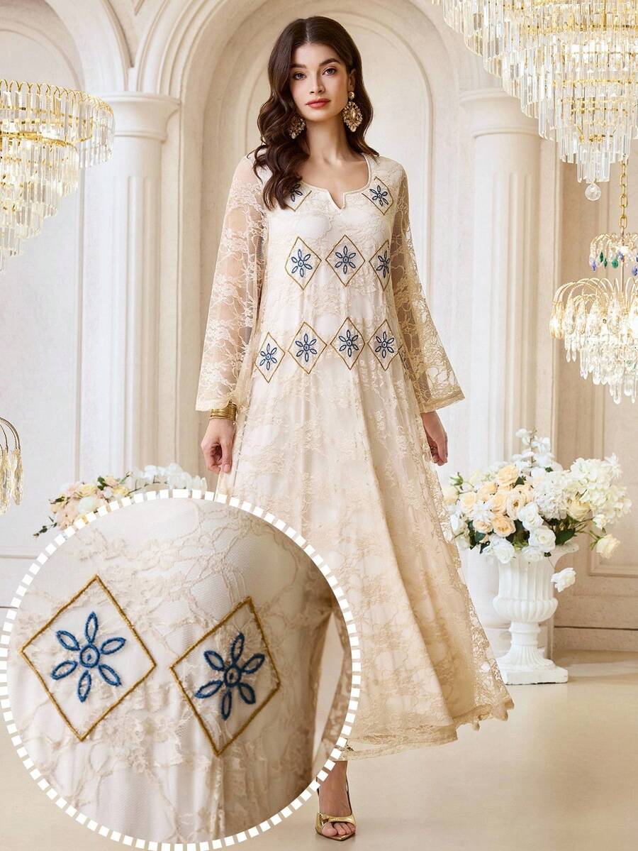 Al Najma 女士缺口领蕾丝拼接几何印花阿拉伯风格连衣裙 - 黃色 - 查看 1