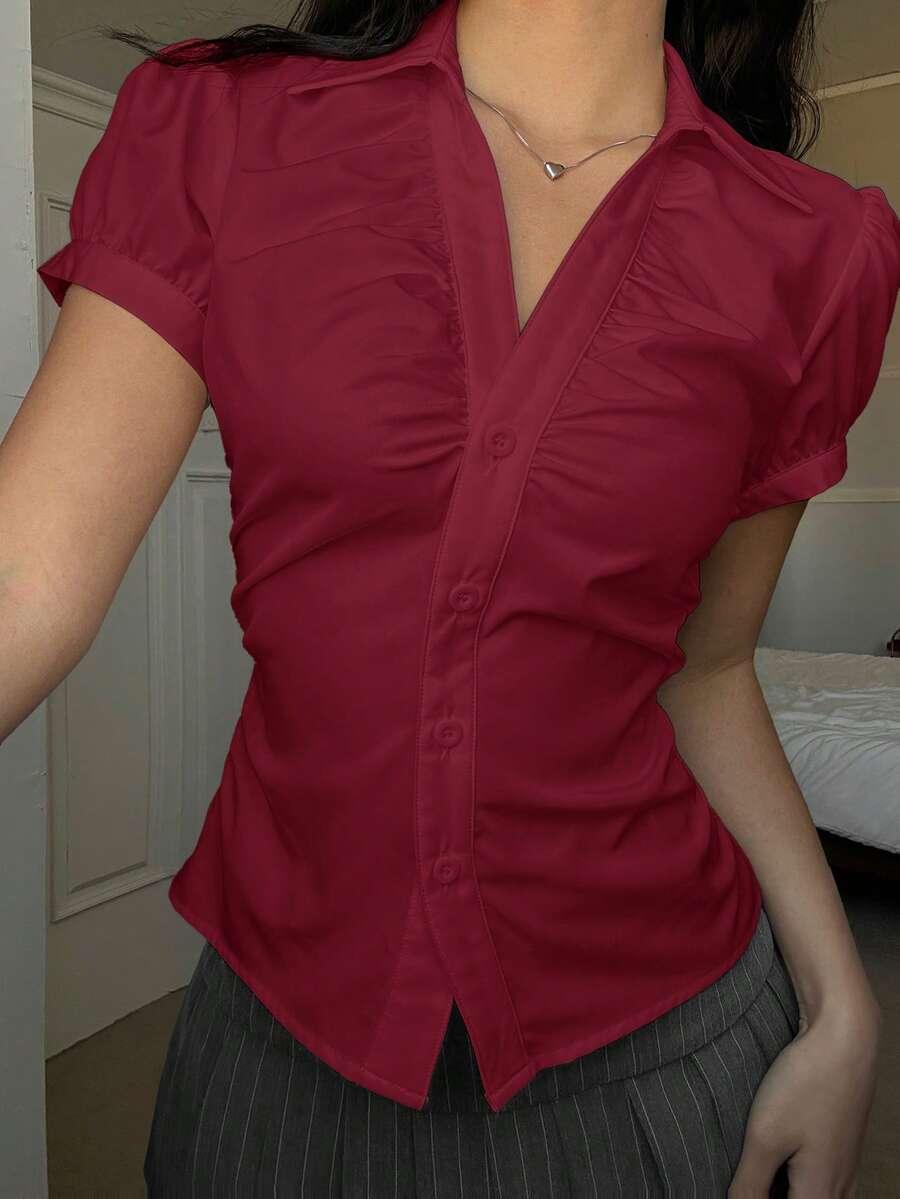 SHEIN EZwear 女士酒红色褶皱短袖休闲衬衫 - 酒紅色 - 查看 1