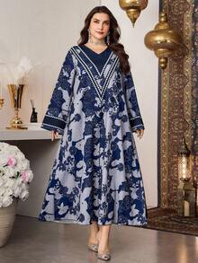 Al Najma Abito lungo in stile arabo elegante con stampa, a maniche lunghe, in tessuto lavorato, per donna taglia comoda, primavera/estate - Blu - Visualizzare 3