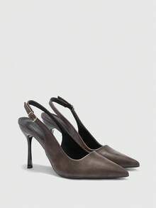 CUCCOO BIZCHIC 女士高跟鞋修饰腿型，显瘦，后跟环带设计，金属扣元素，尖头，细跟，优雅哑光棕色露跟高跟鞋，适合约会宴会等场合。 - 棕色 - 查看 7