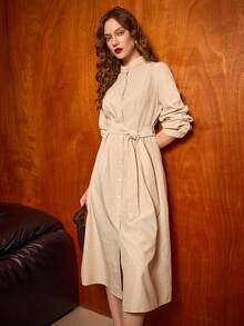 Uhlyne Uhlyne Women's Light Beige Elegant Autumn Long Dress, Office Commuting Style, Stand-Up Collar, Front-Button Design, Cinched Waist Waist, Jacquard Pleats For Parties - Apricot - View 2