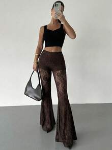 Firerie Women's Halloween Lace Flared Pants, Versatile Wide Leg Exaggerated Bell Bottom Skinny Sexy Trousers - Brown - View 7