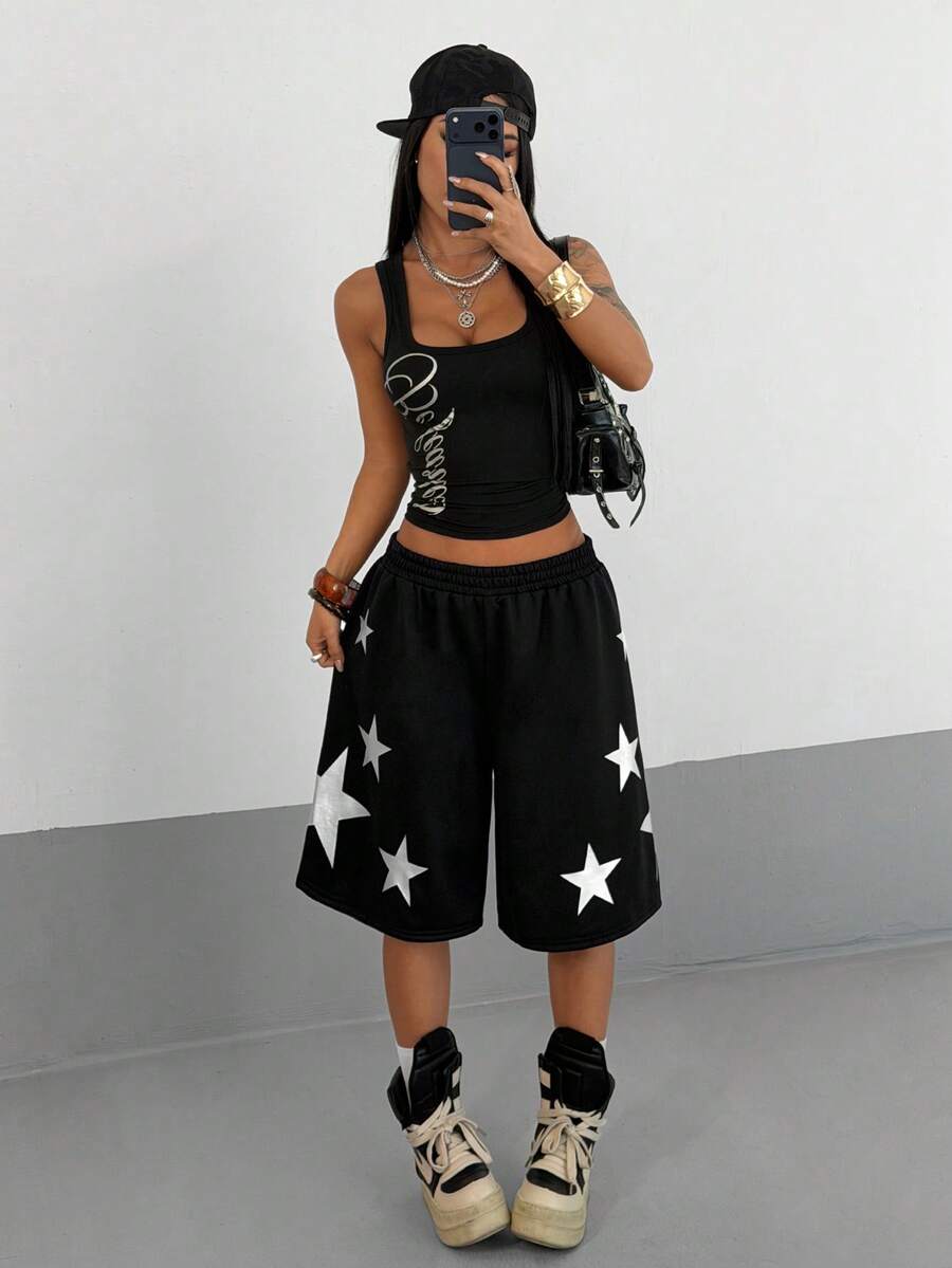 SHEIN HypeZone Women's Star Print Loose Shorts - Black - View 1