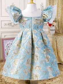 Sparklyn Vestido com Mangas Curtas de Jacquard Luxuoso, Régio e Elegante para Meninas Jovens, com Acabamento Dourado Bordado, Adequado para Uso Externo, Reuniões em Casa e Mais - Azul - Visão 2