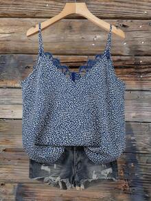 SHEIN VCAY Plus Size Women Leopard Print Sleeveless V-Neck Ruffle Trim Loose Casual Tank Top, Western Chic Pattern - Royal Blue - View 2