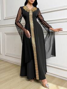 Al Najma Women's Waist-Cinched Elegant Arabic Style Maxi Dress With V-Neck, Tassels And Sheer Long Sleeves, Summer - Black - View 4