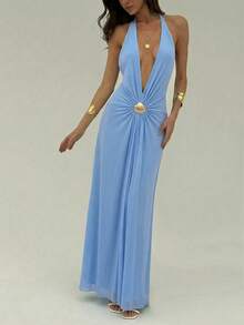 Aloruh 女士优雅金属贝壳装饰露背连衣裙，适合夏季度假 - 藍色 - 查看 4