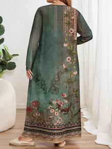 EMERY ROSE Versatile Casual Retro European Floral Pattern Print Plus Size Long Sleeve Crew Neck Dress, Suitable For Autumn/Winter,Vacation/Summer/Spring