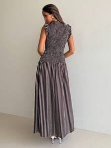 Aloruh 女士咖啡色条纹短袖修身连衣裙 - 咖啡 - 查看 3