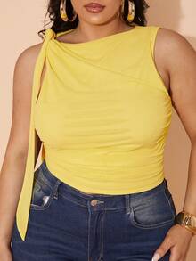SHEIN BAE 大码吊带背心，适合情人节、夏季、生日、正式场合、派对等，无袖黑色上衣，曲线/大码性感上衣 - 黃色 - 查看 5