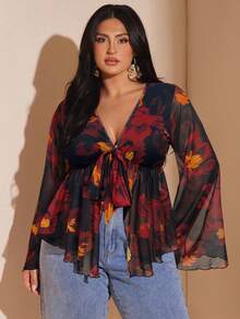 SHEIN BAE 大码女式印花网纱喇叭袖上衣，春夏秋冬皆宜，情人节礼物 - 紅色 - 查看 3