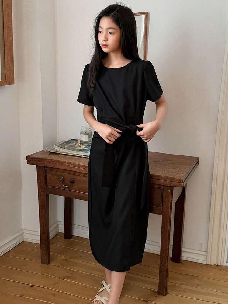 Tween Girl Solid Color Round Neck Short Sleeve Knotted Waist Casual Dress Spring Summer