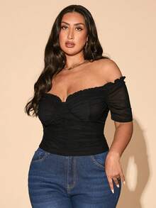 SHEIN BAE Plus Size Women's Black Ruched Short Sleeve Top,Graduation - Black - View 6