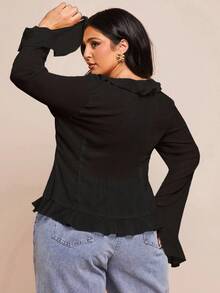 SHEIN BAE Plus Size Women's Early Spring Elegant Chiffon Blouse With Ruffle Hem, Long Sleeve, Suitable For Romantic Dates, Hangouts With Friends, Vacation Activities, And Everyday Graceful Outings/ Plus Size Black Tops/ Plus Size Ruffle Top/ Plus Size Tie Front Blouse,Fall Clothes For Women
