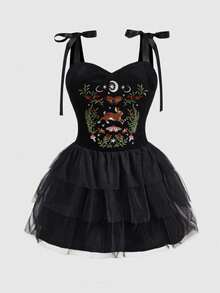 ROMWE Spring /Summer Gothic Rabbit, Plant, Butterfly, Thorn Jungle, Star & Moon Pattern Embroidered A-Line Multi-Layer Mesh Dress, Cropped Length Vintage Palace Style Embroidered Plus Size Dress - Black - View 1