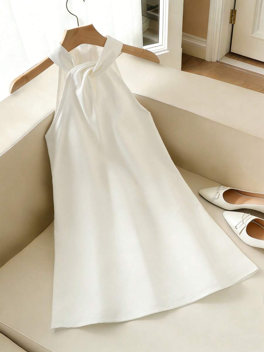 SHEIN Tween Girl Elegant Solid White Halter Neck Backless Bow A-Line Sleeveless Dress - White - View 1
