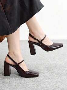 CUCCOO BIZCHIC Giày lười nữ mũi vuông, gót chunky, chất liệu da PU, trang trí khóa cài, kiểu dáng thường ngày thoải mái, phù hợp cho đi chơi, dự tiệc và các dịp lễ. - màu nâu - Xem 3
