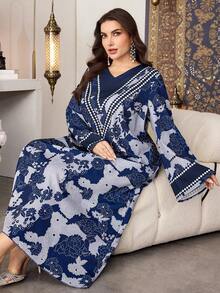 Al Najma Abito lungo in stile arabo elegante con stampa, a maniche lunghe, in tessuto lavorato, per donna taglia comoda, primavera/estate - Blu - Visualizzare 6