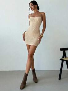 Firerie 女士简约优雅时尚性感交叉露背侧开衩修身迷你针织连衣裙 - 卡其色 - 查看 6