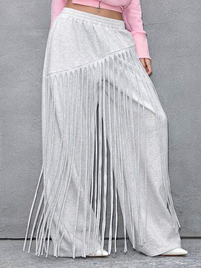 ROMWE Avant Pantaloni della tuta dritti e larghi con frange asimmetriche da donna