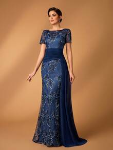 Serin Elegant Luxurious Beaded Sequin Colorful Lace Patchwork Elastic Knit Mesh Sheer Sleeve Mermaid Skirt With Side Slit, Suitable For Wedding, Party, Holiday, Bridal, Mother Of The Bride Evening Gown Mother Of Bride Dress Women Formal Blue Dresses For Women Elegant Mother Of The Bridal Dress Evening Mother Of Groom Dress Formal Dress Evening Dress Formal Women Dress Blue Elegant Evening Dress Mother Of Bride Formal Dress - Navy Blue - View 4