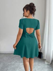 Elenzga Plus Size Solid Color Square Neck Raglan Short Sleeve Hollow Bow Decor Dress - Teal Blue - View 3