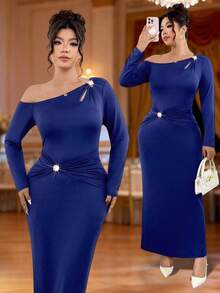 Elenzga Plus Size Royal Blue Autumn Elegant Formal Asymmetrical Shoulder Soft Knit Dress,Shoulder Slit Metal Buckle,Waist Twist Decor,A-Line Hem,Outing Party - Royal Blue - View 8