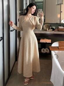 DAZY 两件套女士春季披肩领拼接露脐上衣和吊带连衣裙，优雅适合情人节、婚礼、派对、正式场合 - 杏色 - 查看 10