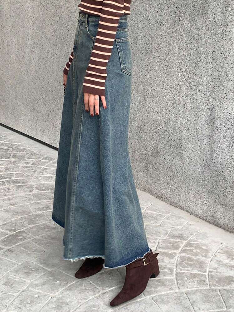 Vintage Frayed Hem Flared Denim Skirt, High Waist Slimming A-Line Skirt For Women