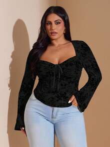 SHEIN BAE 大码女式卡其色植绒薄纱长袖上衣 - 黑色 - 查看 5