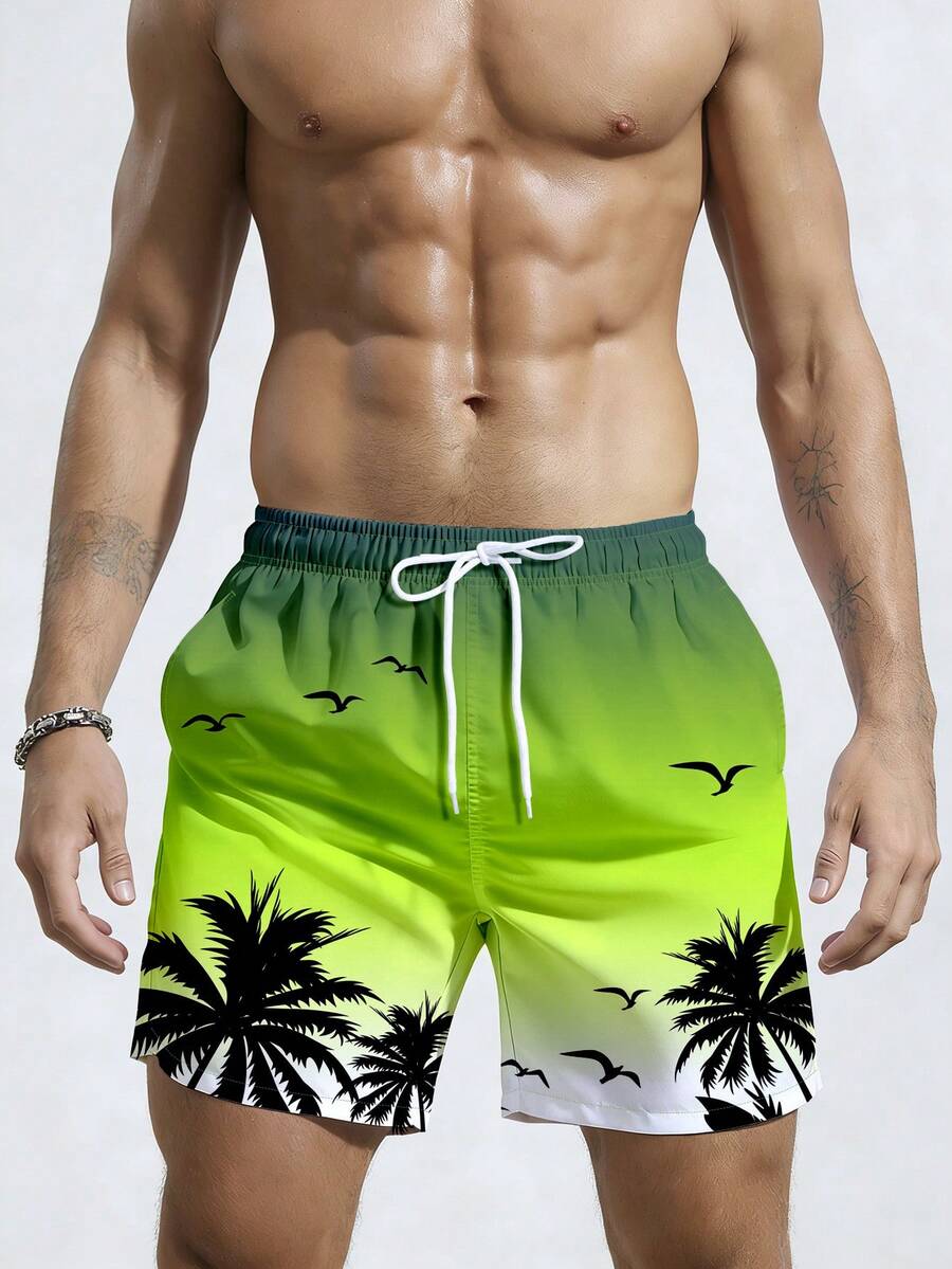 Manfinity Swimmode Men's Drawstring Waist Pockets Coconut Tree Print Casual Vacation Beach Shorts - Green - View 1