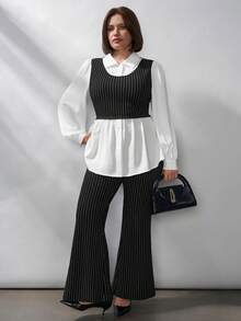 SHEIN Clasi Ensemble 2 pièces pour femmes grandes tailles, élégant contraste noir & blanc, tenue de bureau formelle d'automne, ensemble chemisier à manches longues et pantalon, tenues de travail pour femmes - Noir et Blanc - Voir 6