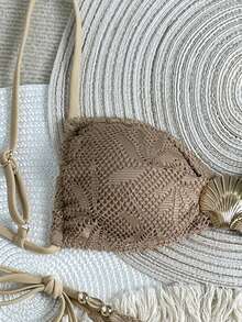 Swim Vcay Women's Solid Color Spaghetti Strap Bikini Set  Valentine's Day Carnival Party Casual Beach Vacation Outfits For Women Holiday Boho Bikini Set Boho Bathing Suit Tan Two Piece Set Boho Two Piece Set Two Piece Beach Set - Khaki - View 3