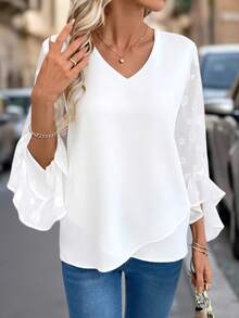 SHEIN Clasi Women's Fashionable Elegant V-Neck Flare Sleeve Long Sleeve Blouse - White - View 5