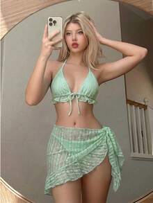 Swim Mod 3pcs Women's Solid Color Sexy Ruffle Halter Tie Bikini Set - Mint Green - View 1
