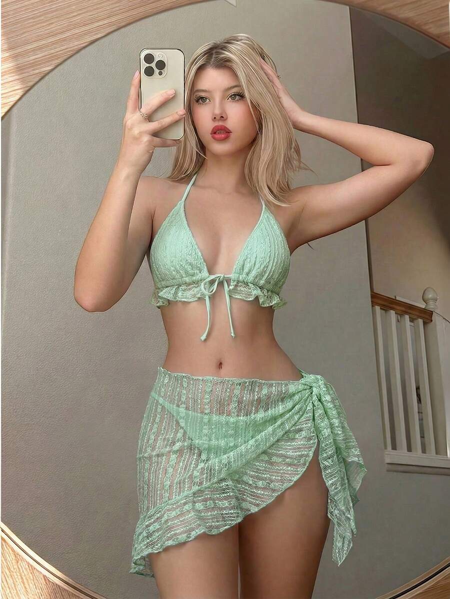 Swim Mod 3pcs Women's Solid Color Sexy Ruffle Halter Tie Bikini Set - Mint Green - View 1