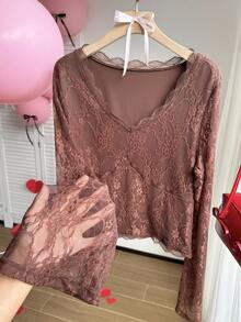 Comfortcana Plus Size Women's Fashionable Sexy V-Neck Long Sleeve Blouse - Brown - View 3