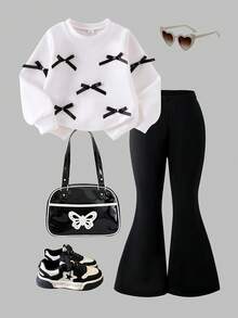 2pcs Young Girls Knitted Textured Striped Long Sleeve Pink Flare Pants Bow T-Shirt Set, Comfortable Casual Sweet Girl Outfit, Autumn Full Outfit Outfit Set Bell Bottom Outfits Girls Bow Outfit Bow Outfit Bow Bag - White - View 1