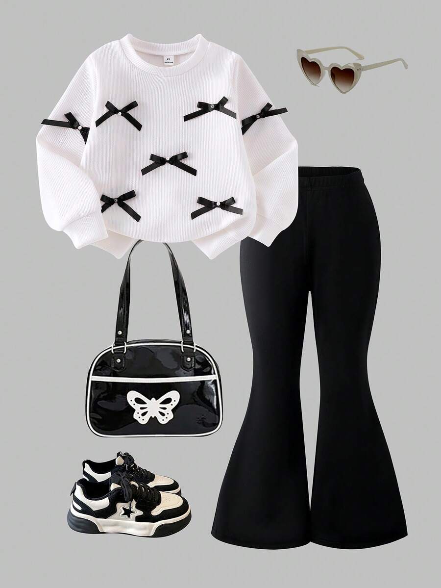 2pcs Young Girls Knitted Textured Striped Long Sleeve Pink Flare Pants Bow T-Shirt Set, Comfortable Casual Sweet Girl Outfit, Autumn Full Outfit Outfit Set Bell Bottom Outfits Girls Bow Outfit Bow Outfit Bow Bag - White - View 1