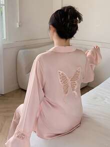 Dazy Plus Satin Fabric Loose Bowknot Lace Pajama Top And Loose Contrast Lace Pajama Pants Set, Spring/Autumn - Pink - View 1