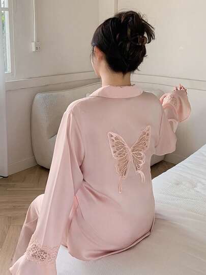 Dazy Plus Satin Fabric Loose Bowknot Lace Pajama Top And Loose Contrast Lace Pajama Pants Set, Spring/Autumn